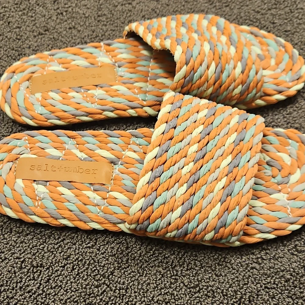 Anthropologie Multicolor Braided Slide Sandals - Coral, Blue, Yellow